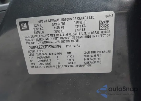 2013 Chevrolet Equinox 1Lt из США, поврежденный, VIN 2GNFLEEK7D6345894